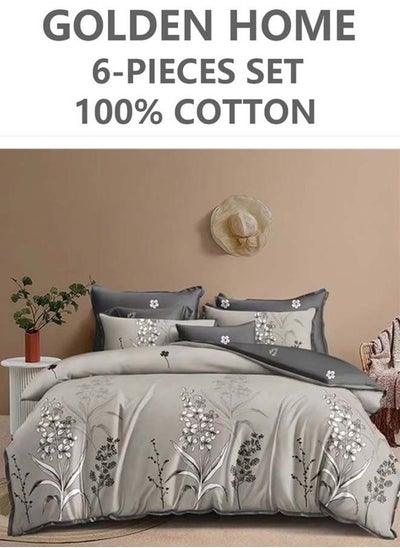 اشتري 6-Piece Printed Combination King Size Duvet Cover Set  Includes 1xFitted Bedsheet 200x200+30cm, 1xDuvet Cover 220x240 cm, 2xPillowcase 55x80cm, 2xCushion Case 45x70cm Cotton في الامارات