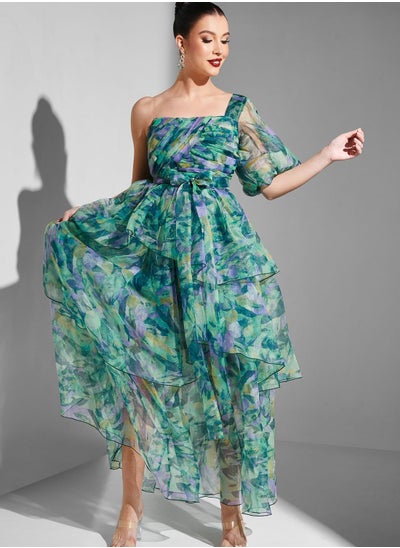 Buy One Shoulder Ruffle Balloon Sleeve Dress in Saudi Arabia