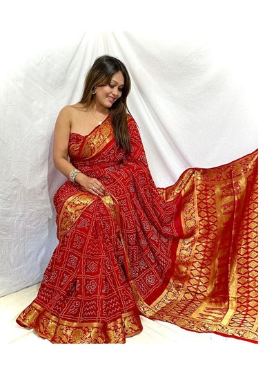 اشتري Red Silk Bandhani Style Saree With Golden Zari Border And Silk Unstitched Blouse في الامارات