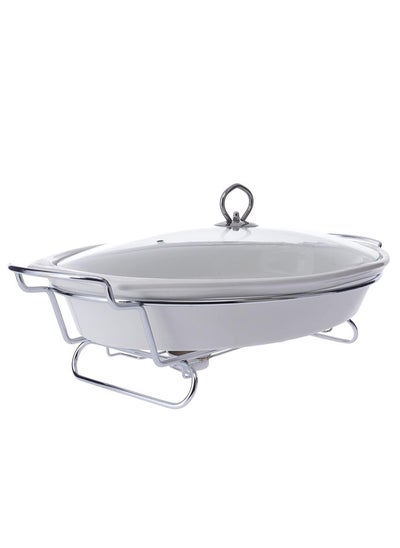 Buy Porcelain Oval Food Warmer With Silver Candle Stand & Glass Lid 3.5 Liter White/Silver in Saudi Arabia