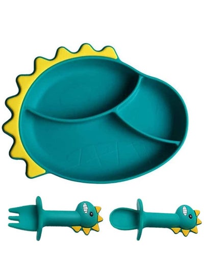 اشتري Arabest 3 Pcs Baby Feeding Bowl Spoon Fork Set Cartoon Dinosaur Silicone Suction Divided Plate Toddler Plates for Kids and Infants في الامارات