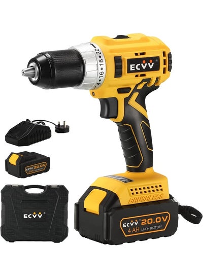 Buy Cordless Drill Driver Kit 80Nm Torque With 1 Packs 4.0Ah Li-ion Batteries And Fast Charger 20V Brushless 2-Variable Speed 13mm Metal Chuck For Fastening And Drilling in UAE