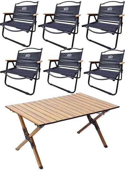 Buy Portable Folding Table with 6 Chairs Set Wooden table Outdoor and Indoor Picnic Camping set in UAE