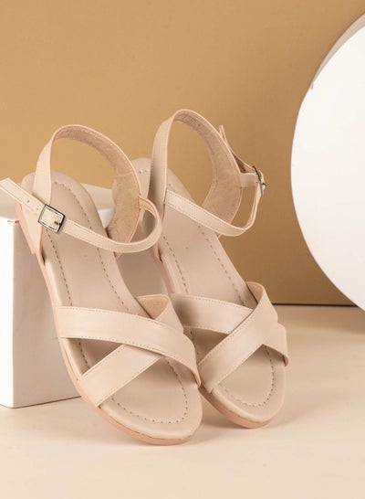 Buy Leather Flat Sandals-Beige in Egypt