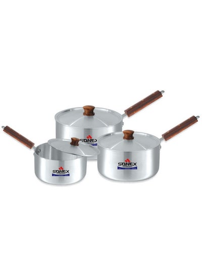 Buy Sonex 3-Piece Sauce Pot Set with Wooden Handles, High-Quality Aluminum, Durable Metal Finish, Ideal for Sauces, Soups, and Stews, Sizes 16/18.5/21 cm, Capacities 2/2.5/3 Liters in UAE