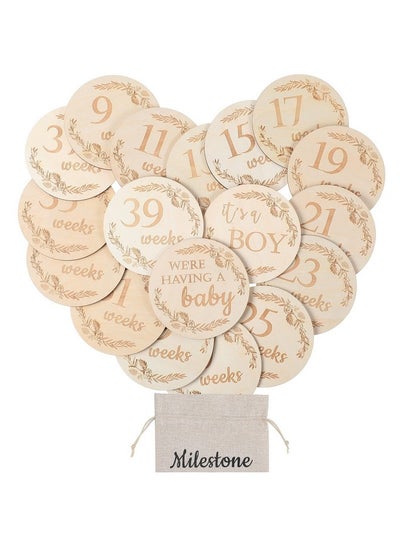 Buy 19 Pieces Pregnancy Milestone Signs Weekly Baby Bump Tracker 4.7" Milestone Cards Wooden Milestone Discs Double Sided Pregnancy Weekly Signs Neutral Baby Announcement Cards With Bag For Pregnant Moms in Saudi Arabia
