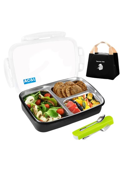 Buy AC&L 1000ml Stainless Steel Lunch Box, Bento Box with 3 Compartment for Kids and Adults, Skid-proof Silicone with Tableware Set and Insulated Lunch Bag, Dishwasher & Microwave Safe (Black) in UAE