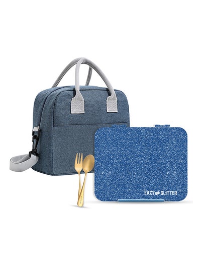 Buy 6 And 4 Convertible Bento Lunch Box With Lunch Bag And Spoon Fork Set - Glitter Blue in Saudi Arabia