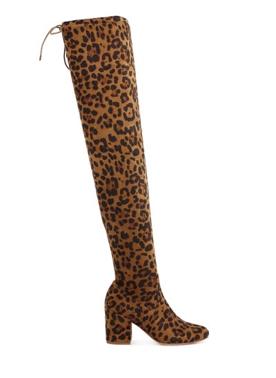 Buy Minimal Drawstring Detail Knee-High Boots in Leopard in UAE