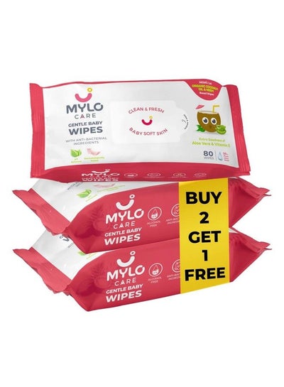 Buy Gentle Baby Wipes Non Lid (Pack Of 3) ; 80 Wipes Per Pack ; Organic Coconut Oil Neem Aloe Vera And Vitamin E ; 98% Pure Water in UAE