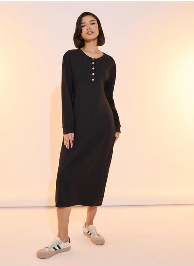 Buy Textured Drop Shoulder Button Detail Midi Dress in Saudi Arabia