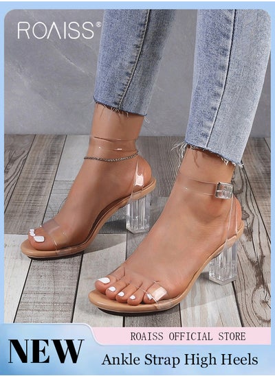 Buy Women Transparent Strappy High Heels Women Thick Heel Sandals Women Buckle High Heels in UAE