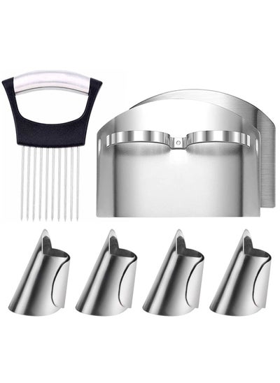 اشتري Onion Holder Slicer, 6PCS Finger Guard Set for Cutting, Stainless Steel Finger Protector, Thumb Guard Peelers for Onion Nuts Kitchen Tool Avoid Hurting When Slicing and Chopping في السعودية