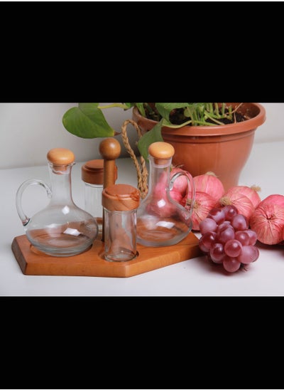 Buy Oil and honey diffuser bottle set with salt and pepper jars with wooden stand in perfect design in Saudi Arabia