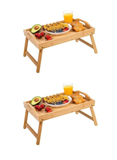 Buy Bamboo Wooden Foldable Breakfast Table Laptop Desk Bed Food Serving Tray with Grip Handles Folding Legs for Eating Reading (Pack of 2) in Saudi Arabia