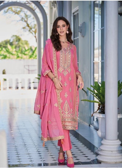 Buy PRIYA’S PANACHE Heavy Silk Pink Straight Kurta Set for women in UAE