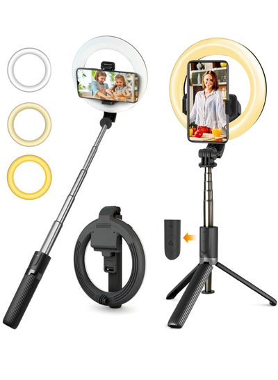 Buy Selfie Stick with Ring Light, 2023 Model, 3 Color Modes, 9 Levels of Dimming, High Brightness, Tripod, Selfie Light, 360° x 220° Rotation, 5 Levels of Stretching, Auxiliary Light, Bluetooth Remo in UAE