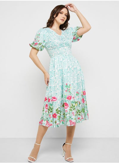 Buy Printed Puff Sleeve Fit & Flare Dress in Saudi Arabia