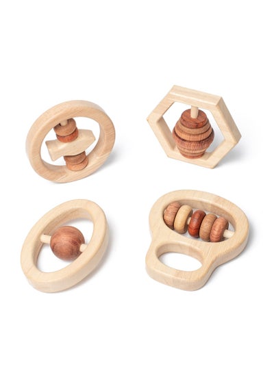 Buy Excefore 4-Piece Montessori Wooden Rattle Toy Set, Handbell Toys For Baby 0 6 12 Months Early Education Natural Wood Puzzle Color Shaker Bell Set in Saudi Arabia