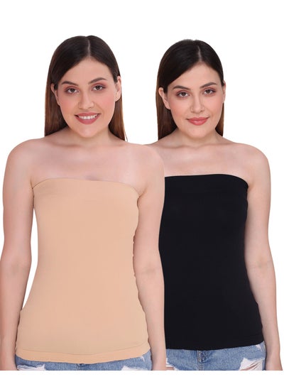 Buy Women's Strapless Stretchable Long Bandeau Tube Top Camisole, Pack Of 2 Black Beige in UAE