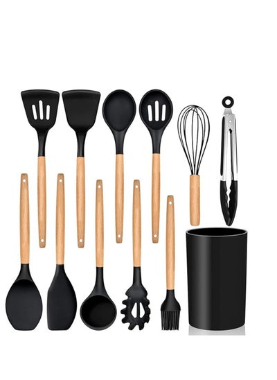 اشتري Silicone kitchen distribution set with a heat-resistant, non-stick wooden handle, 12 pieces في مصر