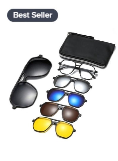 Buy Polarized Sunglasses Men's Magnetic Sleeve Mirror Sunscreen Fashion Sunglasses Women's Premium Sense Double Bridge Glasses Frame UV Protection 1 Frame Glasses + 5 Clip Sunglasses Storage Bag in UAE