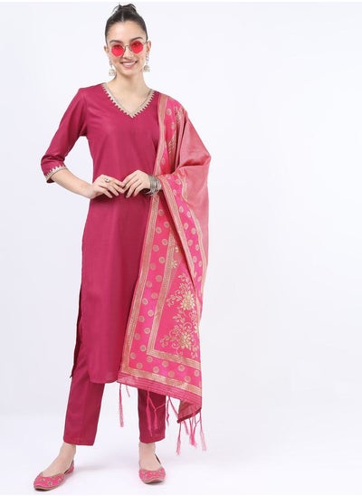 Buy Embroidered V Neck Kurta and Straight Leg Pant with Printed Dupatta Set in Saudi Arabia