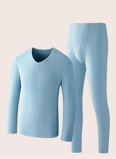 اشتري Mens Solid Color Skin Friendly Thick Long Johns Fleese And V-Neck Thermal Underwear Set, 2 Piece Cold Weather Base Layer Set for Men Blue في الامارات