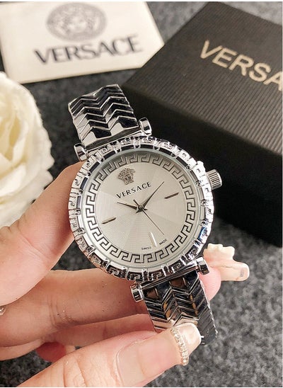 اشتري Versace Women's Cubic Zirconia Classic Fashion Round Quartz Watch with Silver Stainless Steel Strap and Silver dial 37mm Gift في الامارات