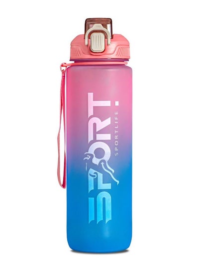 اشتري Sports water bottle with a convenient straw for spill proof handle Lock cover & leak Proof used for gym office and outdoor 1liter pink/blue في مصر