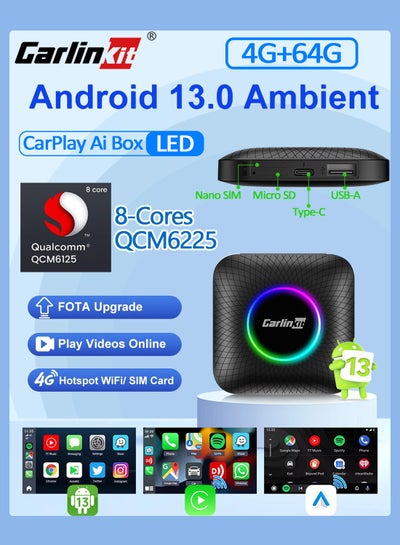 اشتري CarlinKit 4GB+64GB Android 13 CarPlay AI Box LED Wireless Carplay Android auto Adapter Qualcomm SDM660 8-Cores GPS For Netflix في السعودية