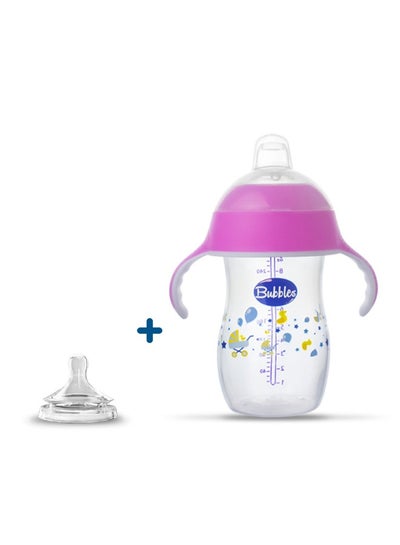 Buy Cup and Feeding Bottle 2 in 1 280ml Handheld with 2 Teats Cup and Natural Nipple for 6 Months Baby Feeding, Hot and Cold Drinks, Microwaveable, Rose, With Natural teat Nipple +12 months Gift Assorted in Egypt