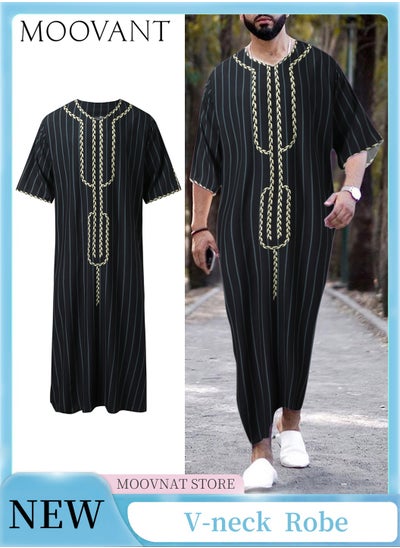 اشتري Men's Muslim Abaya Men's New Traditional Casual V-neck Mid-sleeve Romper Stripes Elements Abaya Style Robes Black في السعودية