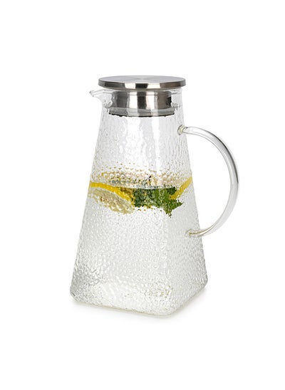 اشتري Transparent Pitcher Jug Borosilicate Glass Heat Resistant With Arc Shape Handle And Stainless Lid, Leakproof, Great for Hot/Cold Water,Carafe For Handmade Juices and Smoothies 1800ml في الامارات