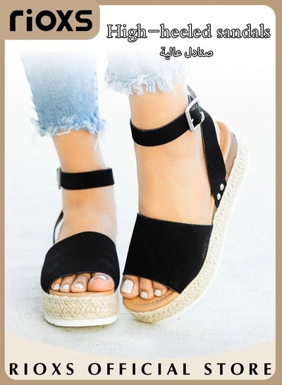 Buy Women's Hollow Roman Wedge Sandals Round Open Toe Sandals Summer Comfortable Buckle Sandals in UAE