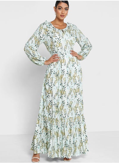 Buy Puff Sleeve Tiered Printed Jalabiya in UAE