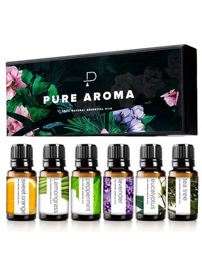 Buy Essential Oils by PURE AROMA 100% Pure Therapeutic Grade Oils kit- Top 6 Aromatherapy Oils Gift Set-6 Pack, 10ML(Eucalyptus, Lavender, Lemon Grass, Orange, Peppermint, Tea Tree) in Saudi Arabia