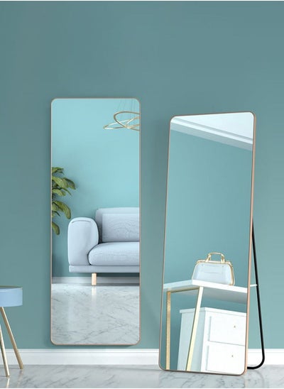 Buy Modern Full Length Mirror Standing Hanging or Leaning Against Wall Large Rectangle Bedroom Mirror Floor Mirror Dressing Mirror Wall-Mounted Mirror, Aluminum Alloy Thin Gold Frame Round Corner 45x155cm in UAE