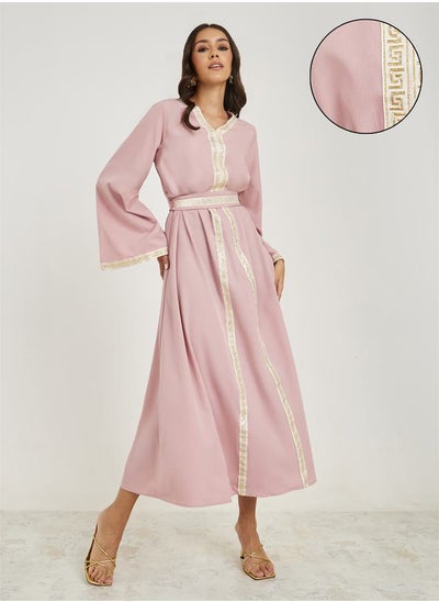 Buy Lace Trim Flute Sleeves Kaftan with Tie Belt in Saudi Arabia