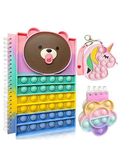 Buy Bear pop notebook, mini flower-shaped pop notepad ,unicorn pop coin purse 3 pieces in 1 Portable Pop Journal for School Office Kids Adults in Saudi Arabia