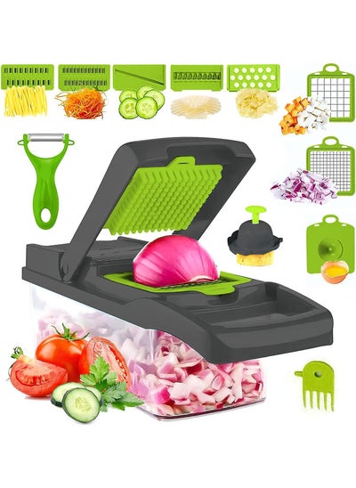 Buy Professional 16-In-1 Multifunctional Vegetable And Onion Chopper, Kitchen Vegetable Cutter With 8 Blades, Carrot And Garlic Chopper With Container (Gray) in Egypt