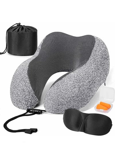 Buy Luxury Memory Foam Travel Pillow with Ear Plugs, Eye Mask and Mesh Bag Grey 28x27x14cm in Saudi Arabia