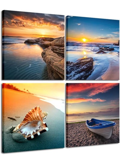 اشتري Large Sunset Sea Beach Modern Seascape Pictures Paintings on Canvas Wall Art 4 Panels Giclee Canvas Prints Artwork for Living Room Bedroom Home Office Decorations في الامارات