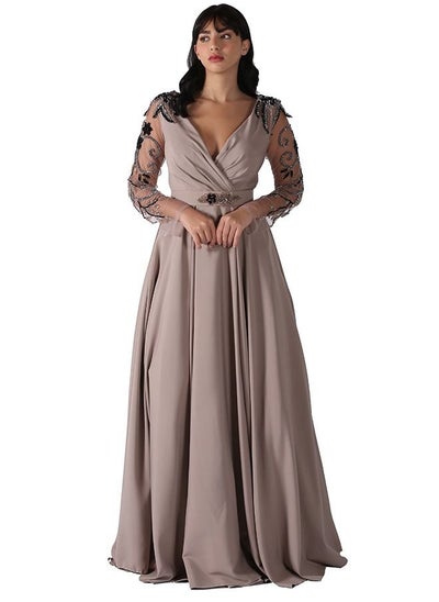 Buy Evening Dress Of Taffeta Material, Stretched V-shaped Chest Hole, Decorated With Fine Pleats On Sleeves Of Tulle Material, Inlaid With Hand Embroidery, Decorated With A Thin Belt On Hand Embroidery From The Bottom, Cloche Story in Saudi Arabia