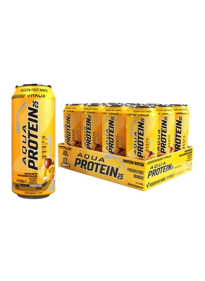 Buy Vitalix Aqua Protein 25 - Protein Water with 25g Protein - Collagen, Glutamine, Vitamins B,Lactose Free, Sugar Free, Zero Fat, 473ml (Full Box 12 Cans, Passion Fruit Mango) in UAE