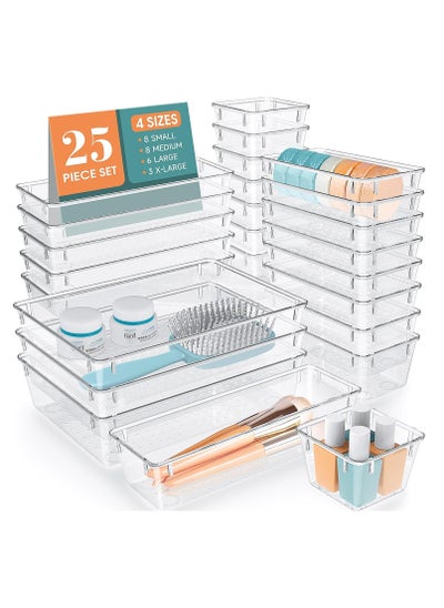 Buy 25 PCS  Plastic Drawer Organizers Set, 4-Size Desk Drawer Organizer Trays Storage Tray for Makeup, Bedroom, Kitchen, Vanity & Office in Saudi Arabia