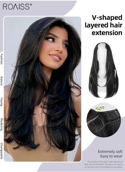 اشتري V-Shaped Layered Hair Extensions, One Piece Straight Hair Extension Wig with 4 Clips, Heat Resistant Synthetic Hairpiece for Women Girls, Natural Black, 55cm (22 inches) في الامارات