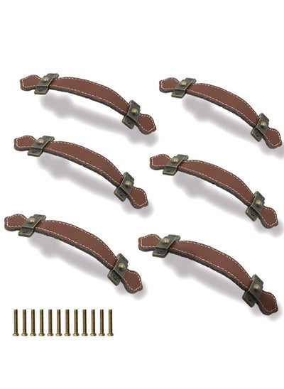 اشتري 6 Piece Surface Leather Furniture Handle, 6.3" (16 cm) Vintage Style Strong Leather Handle Pull for Drawer Cabinet PU Luggage (Brown) في الامارات