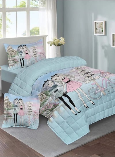 Buy Single Summer children's Bedding Set with compressed Insert- 4 Pieces- Juno - Cyan - Pink in Saudi Arabia