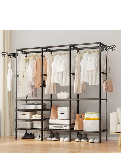 Buy 3-Tier Garment Rack Shelf Organizer with 2-Hanger & Hooks, Multifunctional Clothing Wardrobe and Shoe Storage Organizer Freestanding Coat Iron Stand for Clothes and Shoes in UAE